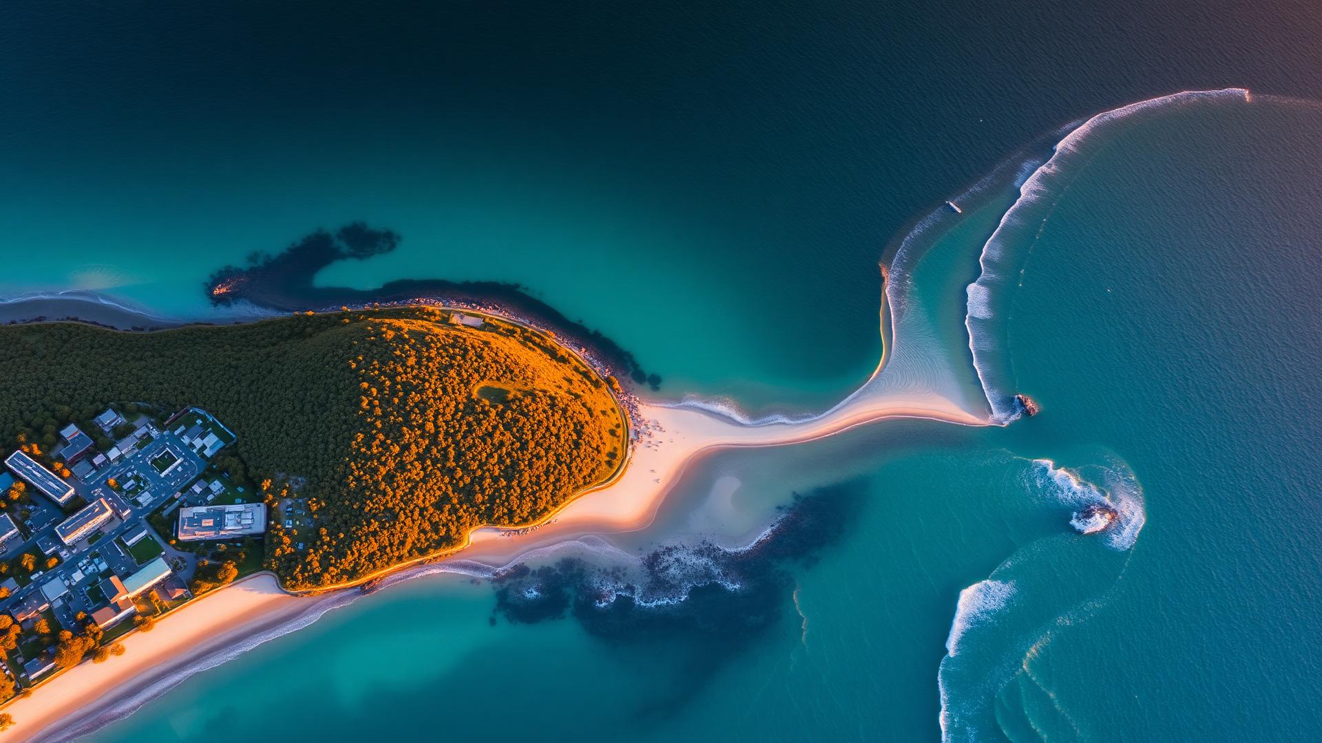 Aerial view of an Australian coastal suburb with rooftop solar at golden hour